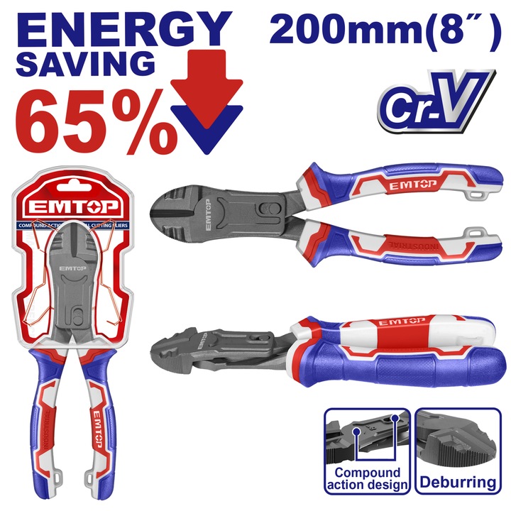 Átlós hegyű fogó sorjázó funkcióval, 65%-os energiamegtakarítás