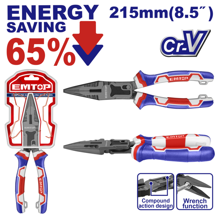 Cleste Combinat de Forta cu Varf Lung EMTOP EPLRCL0851, 215mm, 65% Economie de Energie, Material Cr-V, Maner TPR Ergonomic, Prindere ferma, Functie de cheie integrata, Ideal pentru electricieni, mecanici, lucratori in constructii sau proiecte DIY