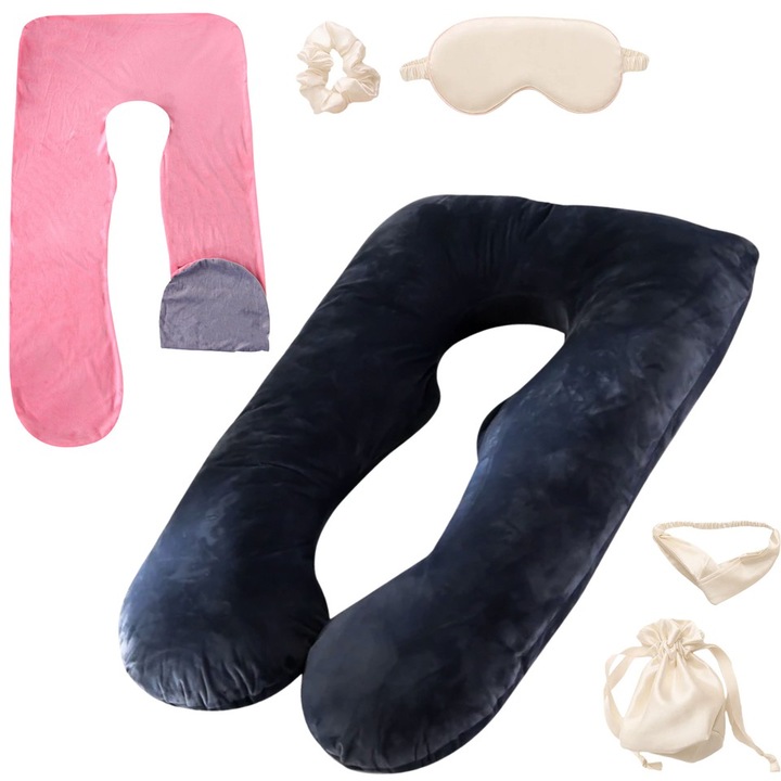 Perna Gravide Sanmun®, 130 cm, Catifea, Multifunctionala, ideala pentru Somn Linistit, Relaxare, Alaptare, Sustinere Bebelusi, Suport Spate, Gat, Picioare, Burta, Husa Detasabila de Rezerva, Elastic Par, Masca de Ochi si Saculet incluse, Negru