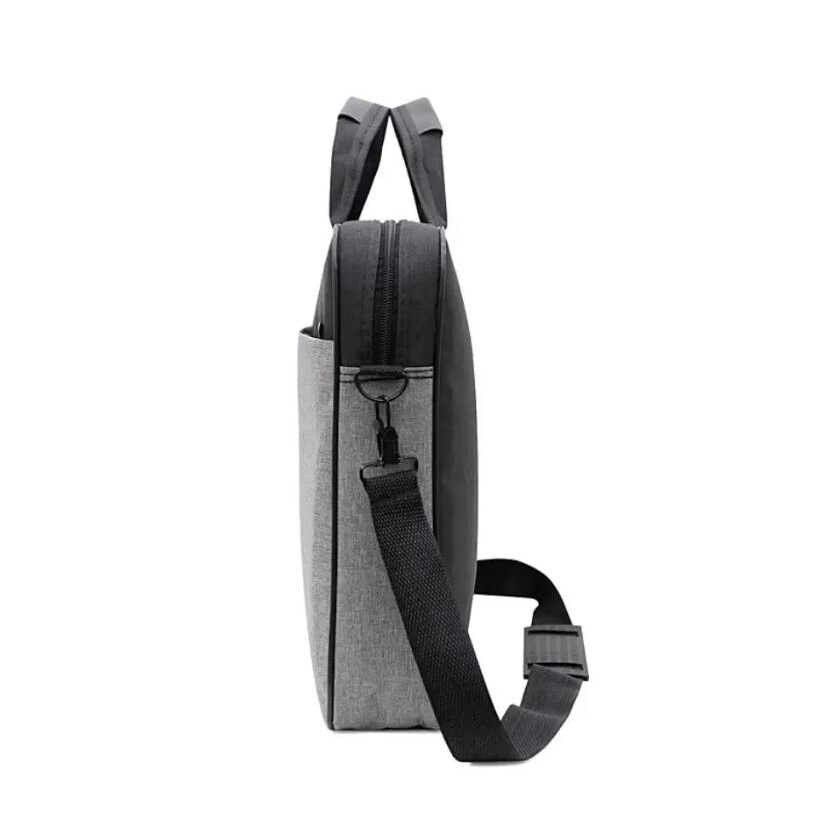 Geanta Laptop, Bicolora, Compatibila 17", 3 Buzunare, Textil, Extensie umar, Gri si Negru