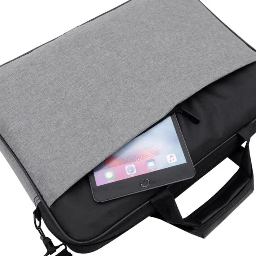 Geanta Laptop, Bicolora, Compatibila 17", 3 Buzunare, Textil, Extensie umar, Gri si Negru