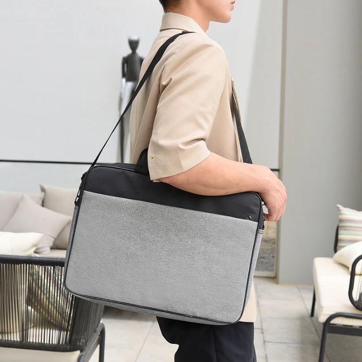 Geanta Laptop, Bicolora, Compatibila 17", 3 Buzunare, Textil, Extensie umar, Gri si Negru