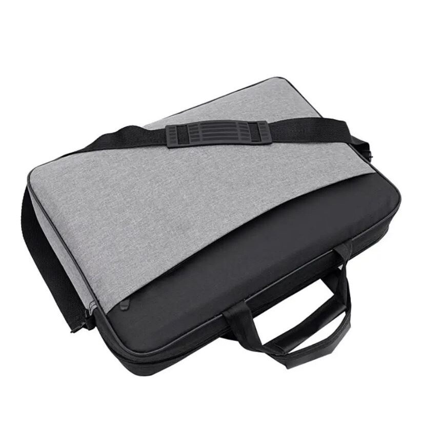 Geanta Laptop, Bicolora, Compatibila 17", 3 Buzunare, Textil, Extensie umar, Gri si Negru