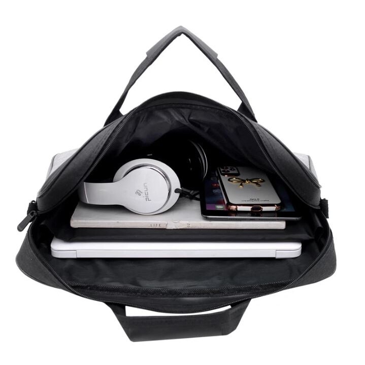 Geanta Laptop, Bicolora, Compatibila 15.6", 3 Buzunare, Textil, Extensie umar, Negru si Gri