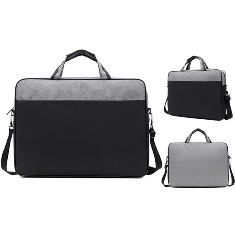 Geanta Laptop, Bicolora, Compatibila 15.6", 3 Buzunare, Textil, Extensie umar, Negru si Gri
