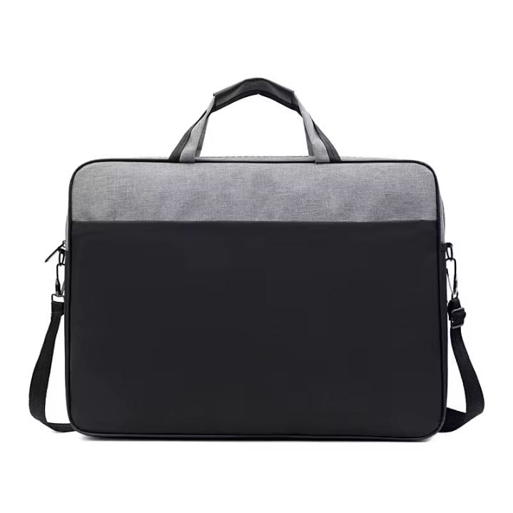 Geanta Laptop, Bicolora, Compatibila 15.6", 3 Buzunare, Textil, Extensie umar, Negru si Gri