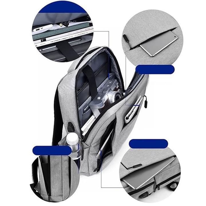 Ghiozdan Laptop, Port incarcare USB, Multifunctional, Compatibila 16.1", Textil, Gri