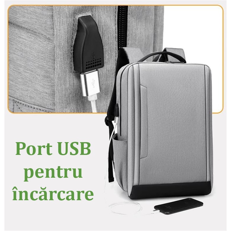 Ghiozdan Multifunctional pentru Laptop, Port incarcare USB, Compatibila 15", Textil, Gri