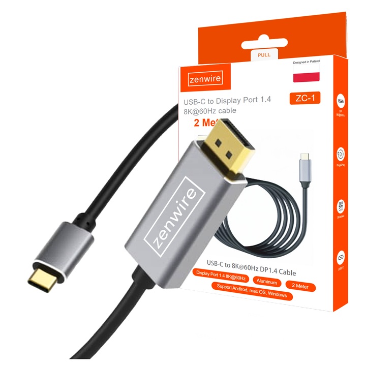 Кабел USB C 3.1, Thunderbolt 3.0 DisplayPort 1.4, 240Hz, Zenwire 8K / 5K / 4K / Full HD / HD / HD Ready 1.8 m преносим, универсален и съвместим с всяко устройство