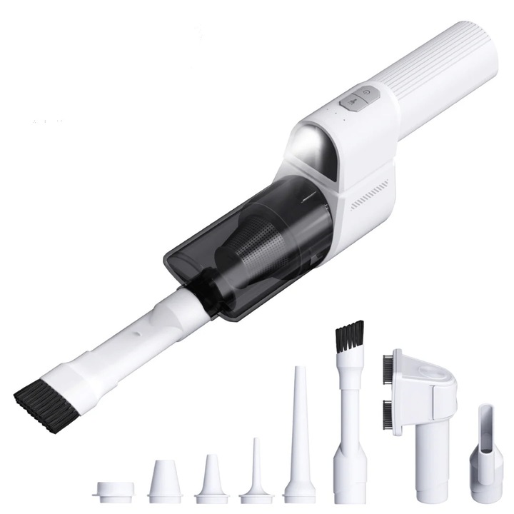 Aspirator auto TehnoLab™ Tornado 100.000 RPM, 16.000Pa, functie pompa aer, iluminare dual LED, rotatie 180°, aspirator masina wireless, 8 accesorii aspirare - pompare, filtru dublu HEPA, aspirare umeda - uscata, baterie 6000 mAh, incarcare USB-C, alb