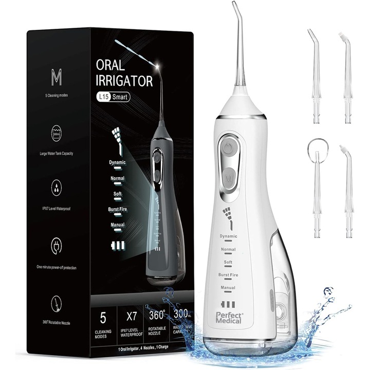 Irigator Oral Profesional Perfect Medical PM-41 Portabil cu Acumulator, 1800 Pulsatii/min, 5 Programe, Rezervor 300ml, 4 Duze Incluse