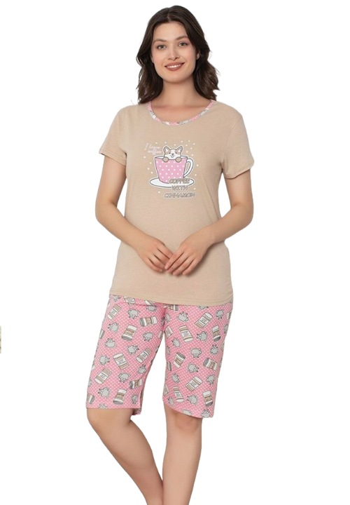 Pijama Dama Suprem, Bumbac, Scurta 3/4, 2 piese,, Bej