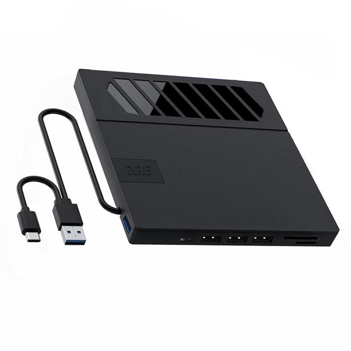 DVD записващо устройство, 6 USB порта, Plug and Play, компактно и преносимо, чете SD, TF карти, мултифункционално, черно
