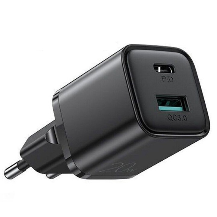 Adaptor priza, Joyroom L-QP207, Dual Charge 20W, USB + type-C, Negru
