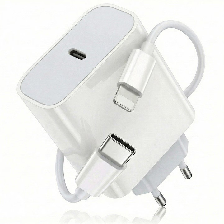 Incarcator FastCharge USB-C, 20W, AHA PRINT®, inclus cablu Lightning 1m, compatibil cu iPhone 11, 12, 13, 14 Pro/ProMax, Cip Inteligent Limitare Putere, cu Protectie, Incarcare Rapida si Sigura, alb