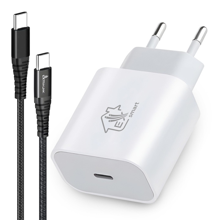 Комплект мрежово зарядно устройство Extralink Smart Life 20W 1x USB-C + кабел USB-C - USB-C 100W, 200 cm