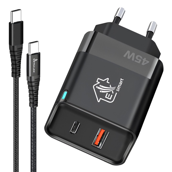 Комплект зарядно Extralink Smart Life Network 45W GaN 1x USB-C 1x USB-A + Кабел USB-C - USB-C 100W, 200 cm