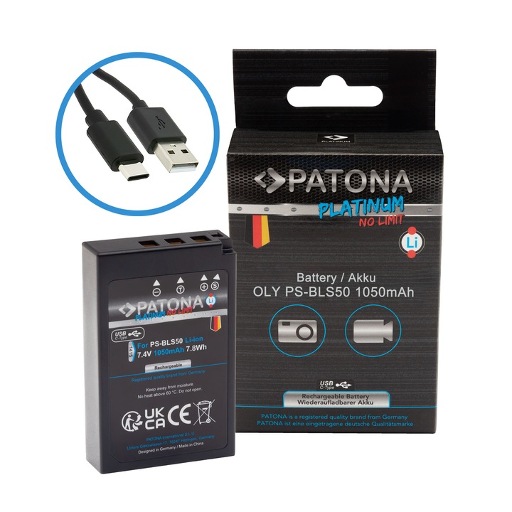 Akkumulátor Patona Platinum BLS-5, 1050mAh, USB-C töltés, Olympus E-P3 E-PL2 PEN E-PL3 E-PM1 készülékhez