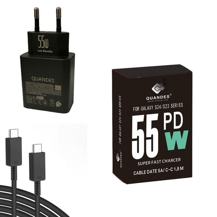 Kit Incarcator super Fast Charge 55W GaN, PD usb C, pentru Samsung S24 ultra, ipad pro, laptop macbook pro, 1 Cablu de date 1.8m USB-C - C 5A