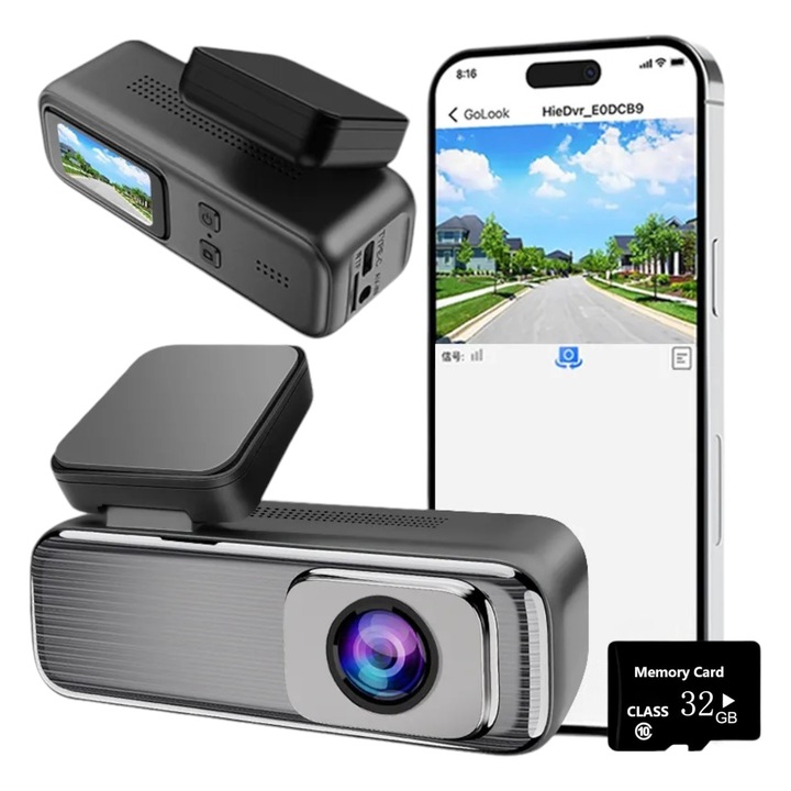 Автомобилен DVR 2K WiFi LONDEMM камера, включена първокласна SD карта с памет 32GB, безжична връзка, 1,5-инчов дисплей, ултраширок ъгъл на запис 170°, нощно виждане, цикличен запис, G сензор, наблюдение при паркиране, откриване на движение, сив