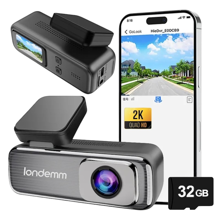 Camera Auto De Bord DVR 2K WiFi LONDEMM, Card De Memorie SD Premium 32GB Inclus, Conectare Wireless, Display 1.5 Inch, Unghi De Inregistrare Larg 150°, Vedere Nocturna, Inregistre In Bucla, Senzor G, Monitorizare Parcare, Detectarea Miscarii, Gri