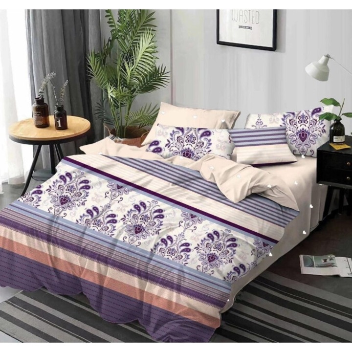 Lenjerie de pat dublu, Imprimeu Abstract, 2 persoane, 6 piese, Finet, 220x230cm, Multicolor