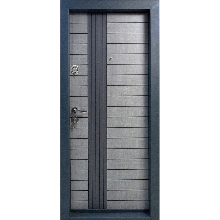 Usa metalica de apartament cu izolatie si vizor Novo Doors First Class NDS14, Deschidere Dreapta, Dimensiune 200X88 cm, Tabla 12 mm, Kit complet, Gri Antracit cu Gri Deschis
