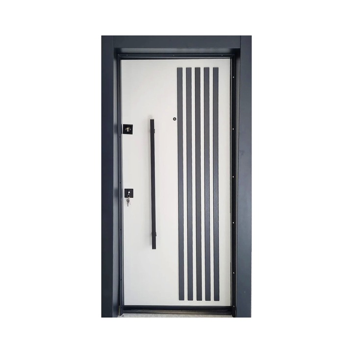 Usa metalica de exterior cu izolatie si vizor Novo Doors NDS1000A, Din compozit, Deschidere dreapta, 2 yale, Dimensiune 208X100 cm, Cu riflaj, Interior alb, Kit complet, Pentru case si apartamente, Alb cu Negru