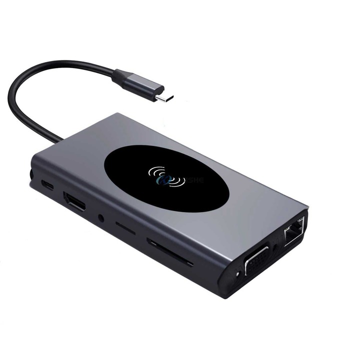 Többfunkciós hub adapter 13 az 1-ben ElectroAZ, vezeték nélküli töltés 15 W, PD port USB-C, HDMI 4K, VGA 1080P, 5 x USB 3.0, LAN RJ45 Audio Jack3, 5 mm