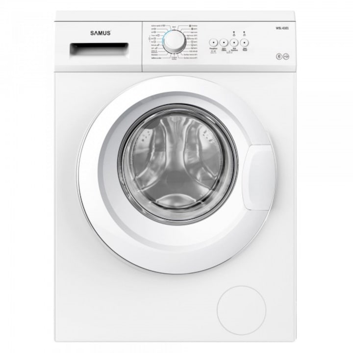 Пералня Samus WSL-6101, 6 кг, Slim, 23 програми, 1000 оборота/минута, Енергиен клас D, LED дисплей, Бързи програми, еко, пране с пара, Бяла