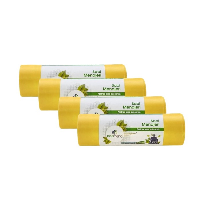 Комплект от 4 ролки торби за смет, Ecofriend, 120L, по 10 броя на ролка, ултра устойчиви, жълти