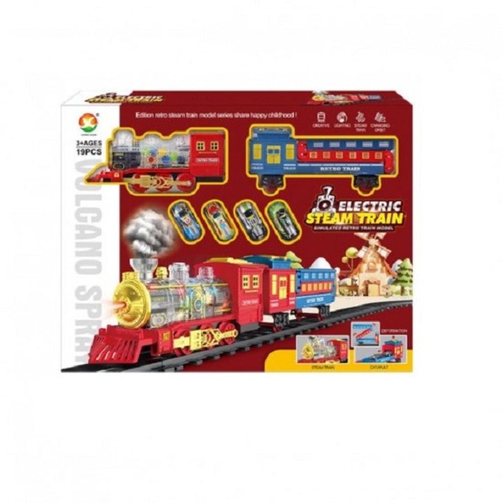 Set Tren cu cale ferata, sunete, lumini, efect fum, 1 vagon, 4 masini si lansator