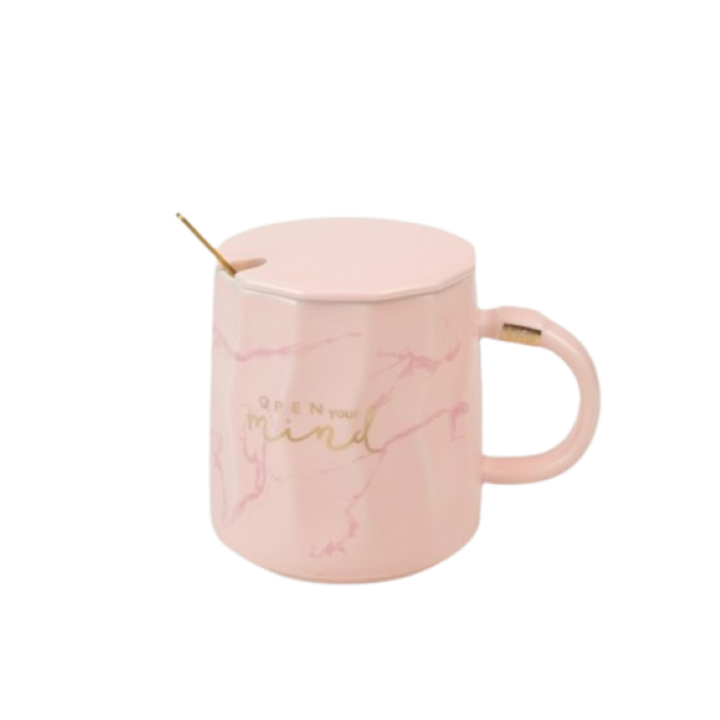 Cana cu capac si lingurita, ceramica 200 ml 8, 5x10 cm roz