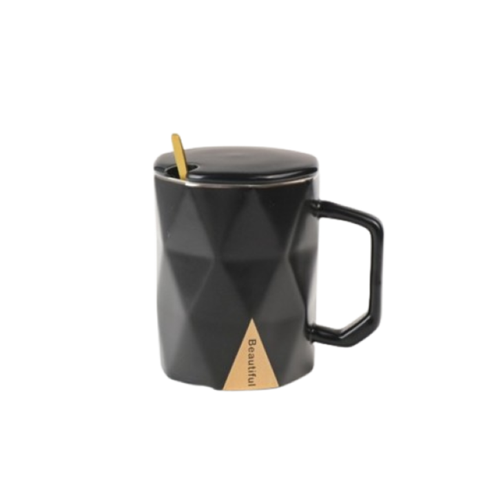 Cana cu capac si lingurita, ceramica 200 ml 8x10 cm negru