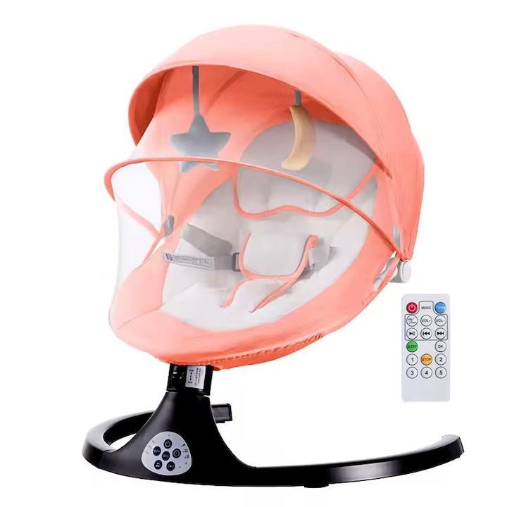 Leagan Electric Bebe si Copii cu Acoperis Rabatabil si Plasa Protectie, Muzical, Conexiune Bluetooth, Telecomanda, 5 Trepte Balans, Jucarii de Plus, 3 Moduri Alimentare, Fete, ROZ
