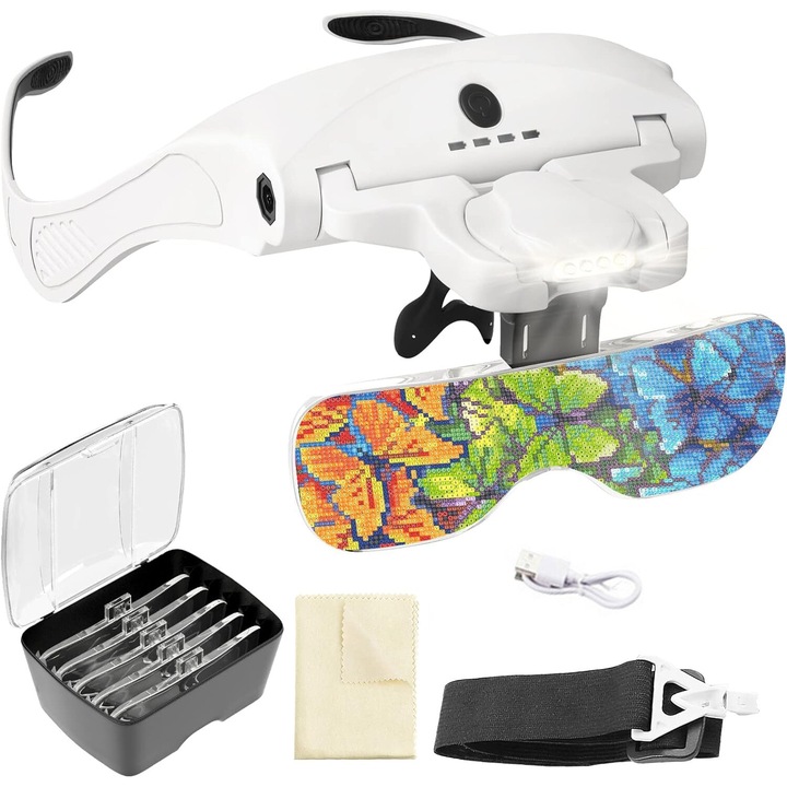 Lupa de cap handy, 4 lumini LED, iuminozitate reglabila, incarcare USB, JENUOS®, 5 Lentile Interschimbabile 1x - 3, 5x, pentru bijuterii, arta, mestesuguri si lucrari apropiate, Alb