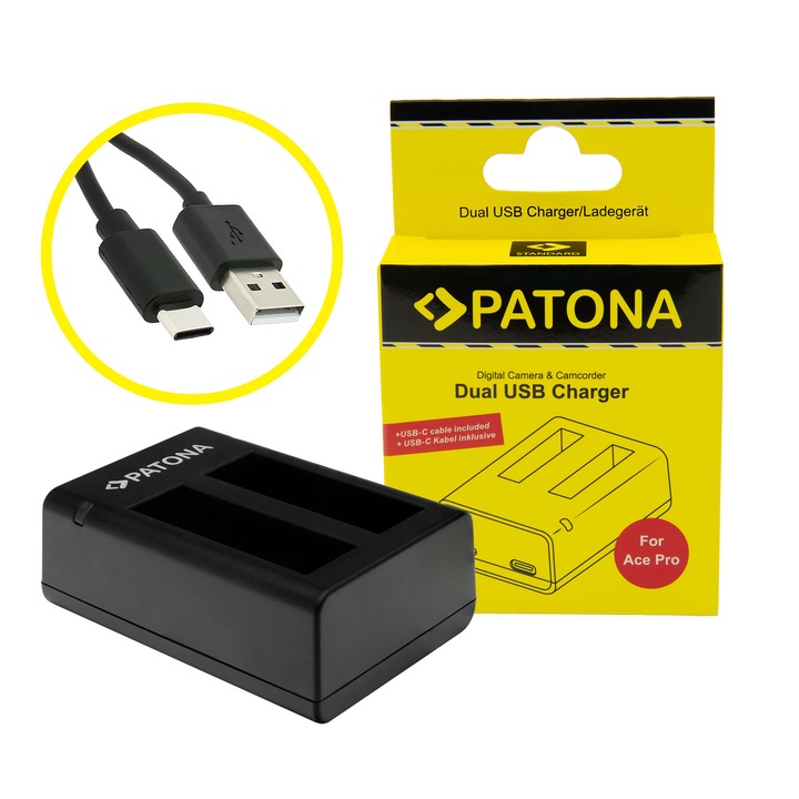 Двойно зарядно устройство Patona за Insta360 Ace / Ace Pro, включва USB-C кабел