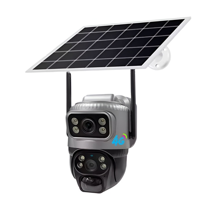 CLAUSTEEL MAN 132 двойна камера за наблюдение с включен соларен панел, 2 лещи, 4MP, преносима, вградена 8000mah батерия, автоматично завъртане, Micro SD, SIM карта, 4G връзка, Наблюдава две зони едновременно