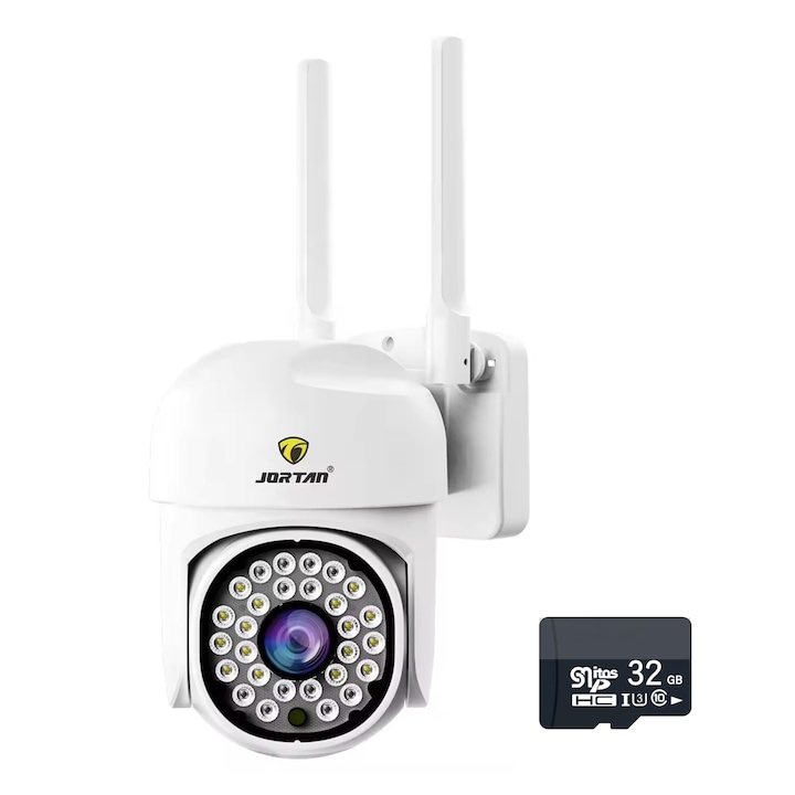 WiFi térfigyelő kamera Jortan JTZ-8161QJ 2MP, Full HD, kültéri vagy beltéri, riasztó, mozgásérzékelő, éjjellátó, push üzenetek, mikrofon, hangszóró, Yoosee alkalmazás, fehér + 32 GB memóriakártya