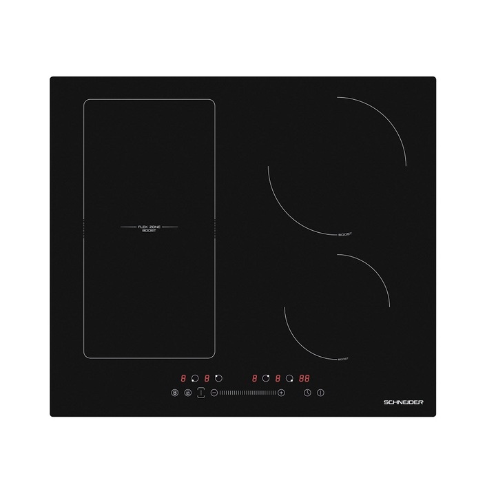 Индукционен плот за вграждане Schneider SCTI6041N3/1, 7400 W, 4 зони, 9 степени, Заключване на управлението, Черен