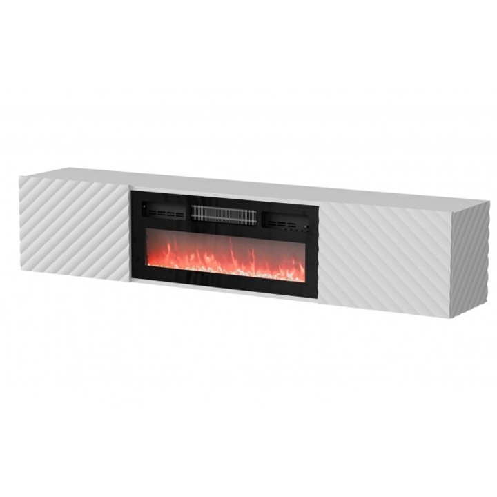 Comoda TV Cama Meble LARA, electrica cu efect de flacara, alb mat/negru, 183x35x37cm