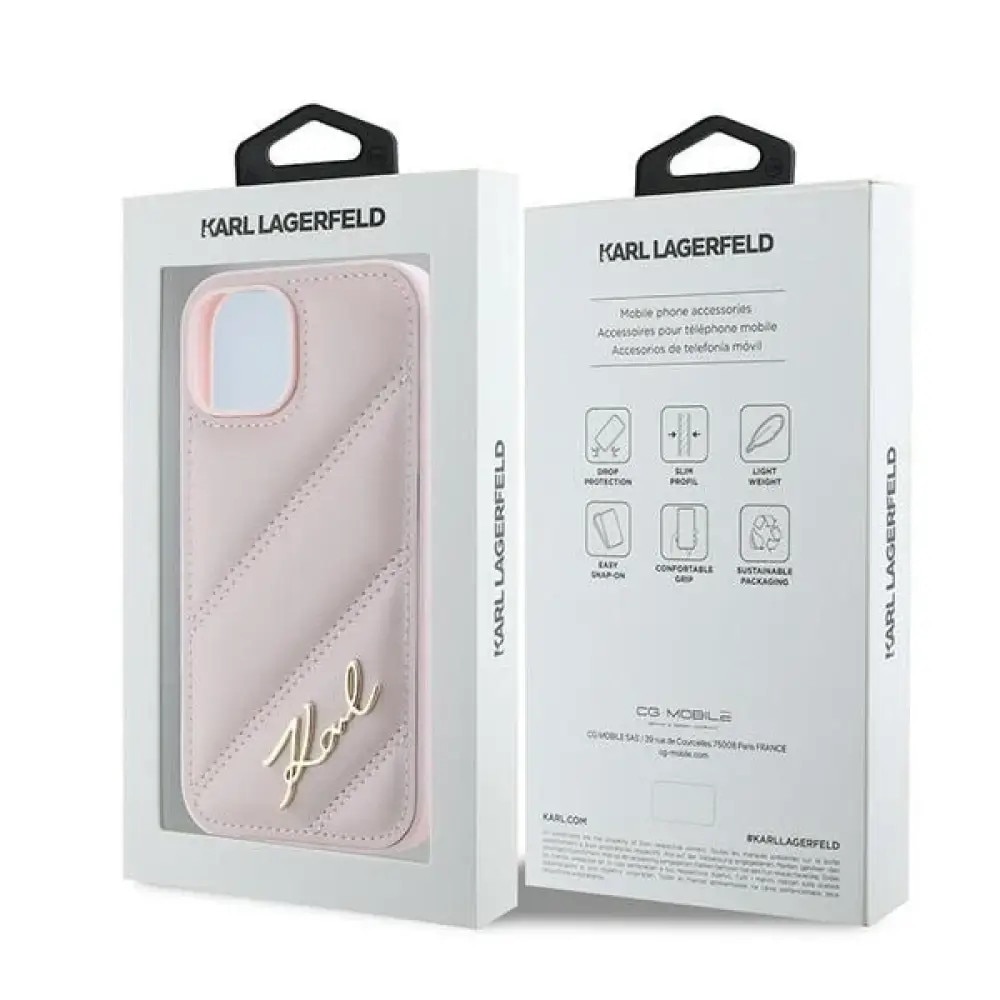 Husa telefon Karl Lagerfeld Diagonal Quilted, piele naturala, roz, pentru iPhone 15 / 14 / 13 6.1