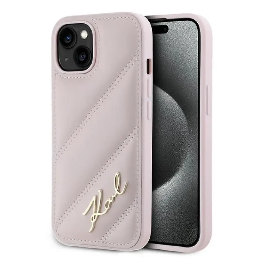 Husa telefon Karl Lagerfeld Diagonal Quilted, piele naturala, roz, pentru iPhone 15 / 14 / 13 6.1
