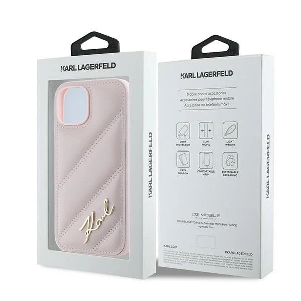 Carcasa Karl Lagerfeld Diagonal Quilted Script compatibila cu iPhone 14 Plus / 15 Plus, Roz