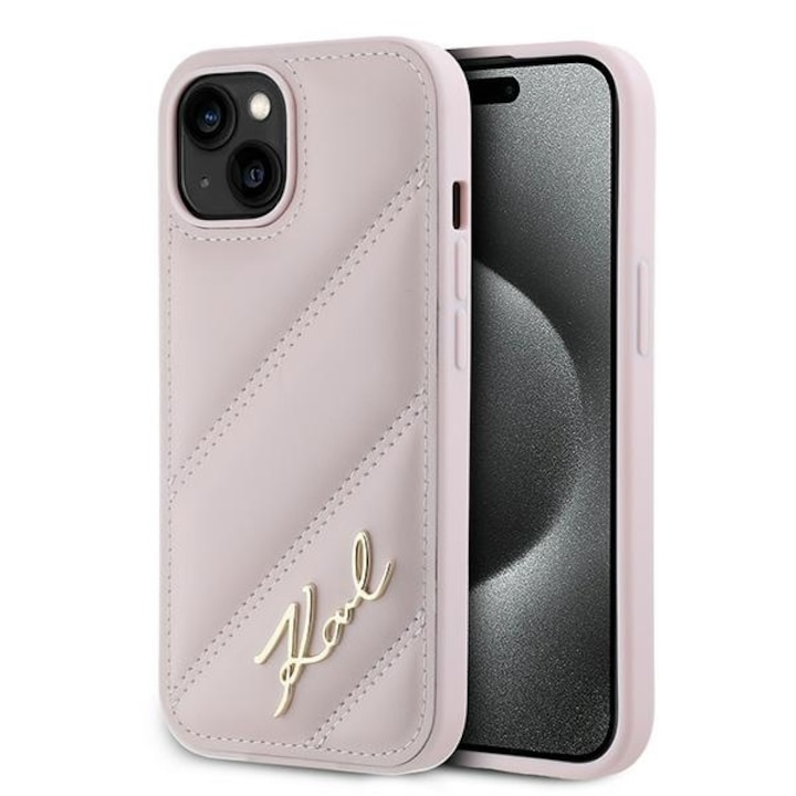 Tok iPhone 15 / iPhone 14 / iPhone 13 telefonokhoz - Karl Lagerfeld Diagonal Quilted Script (KLHCP15SPQDSMGP) - Rózsaszín