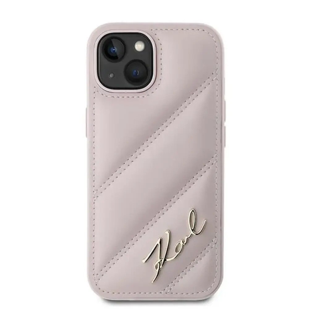 Husa telefon Karl Lagerfeld Diagonal Quilted, piele naturala, roz, pentru iPhone 15 / 14 / 13 6.1