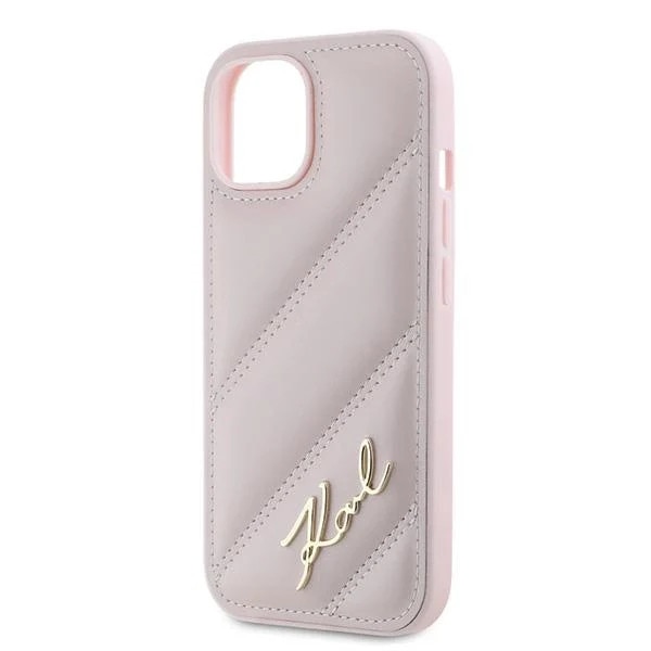 Carcasa Karl Lagerfeld Diagonal Quilted Script compatibila cu iPhone 14 Plus / 15 Plus, Roz