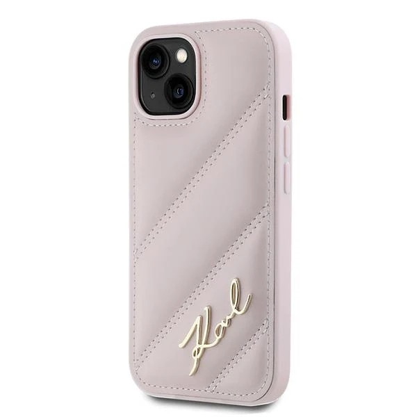 Carcasa Karl Lagerfeld Diagonal Quilted Script compatibila cu iPhone 14 Plus / 15 Plus, Roz