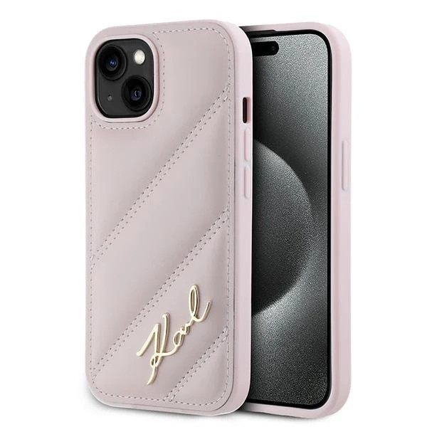 Carcasa Karl Lagerfeld Diagonal Quilted Script compatibila cu iPhone 14 Plus / 15 Plus, Roz