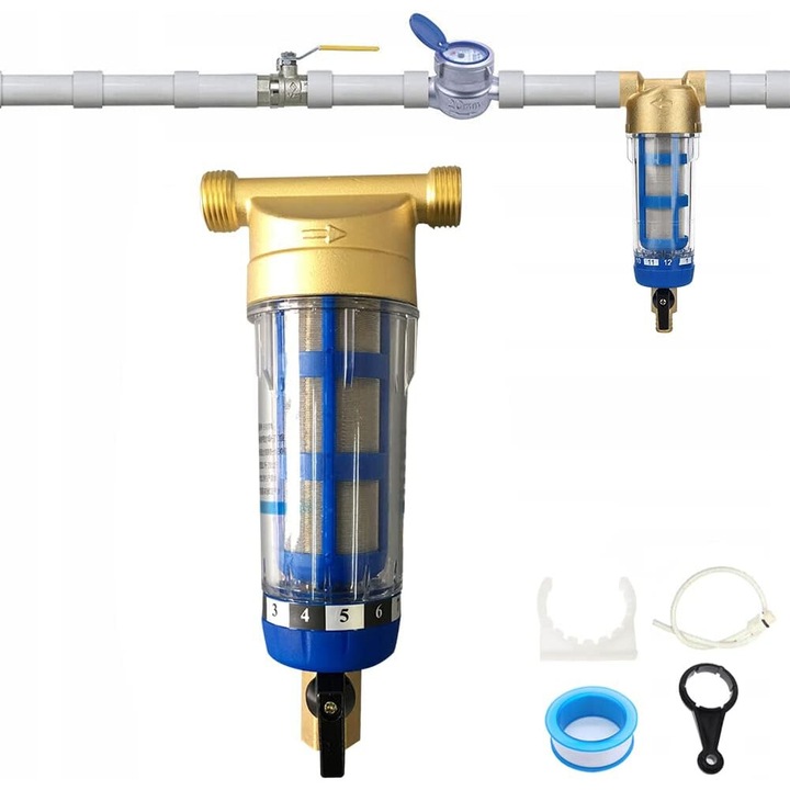 Filtru de sedimente pentru apa, 40 microni, cupru si plastic, auriu si albastru, set